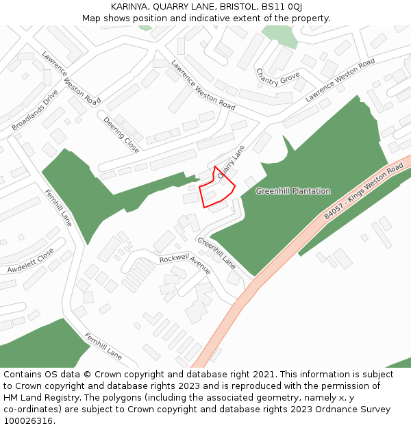 KARINYA, QUARRY LANE, BRISTOL, BS11 0QJ: Location map and indicative extent of plot
