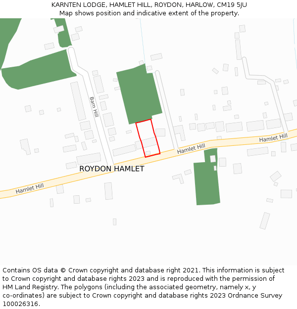 KARNTEN LODGE, HAMLET HILL, ROYDON, HARLOW, CM19 5JU: Location map and indicative extent of plot