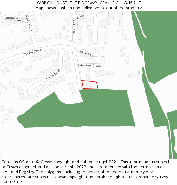 KARRICK HOUSE, THE RIDGEWAY, CRANLEIGH, GU6 7HT: Location map and indicative extent of plot