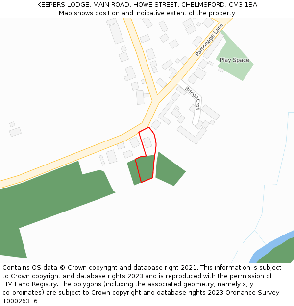 KEEPERS LODGE, MAIN ROAD, HOWE STREET, CHELMSFORD, CM3 1BA: Location map and indicative extent of plot