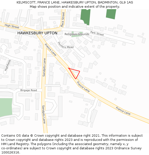 KELMSCOTT, FRANCE LANE, HAWKESBURY UPTON, BADMINTON, GL9 1AS: Location map and indicative extent of plot