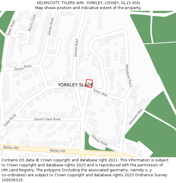 KELMSCOTT, TYLERS WAY, YORKLEY, LYDNEY, GL15 4SN: Location map and indicative extent of plot