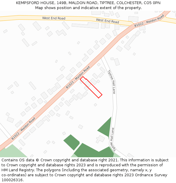 KEMPSFORD HOUSE, 149B, MALDON ROAD, TIPTREE, COLCHESTER, CO5 0PN: Location map and indicative extent of plot