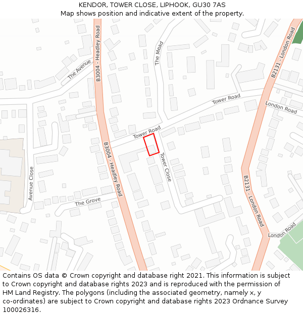 KENDOR, TOWER CLOSE, LIPHOOK, GU30 7AS: Location map and indicative extent of plot