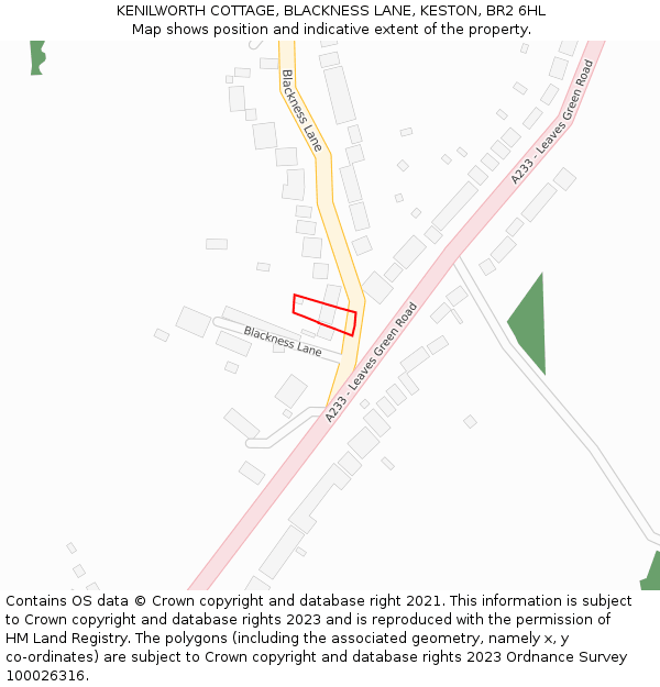 KENILWORTH COTTAGE, BLACKNESS LANE, KESTON, BR2 6HL: Location map and indicative extent of plot