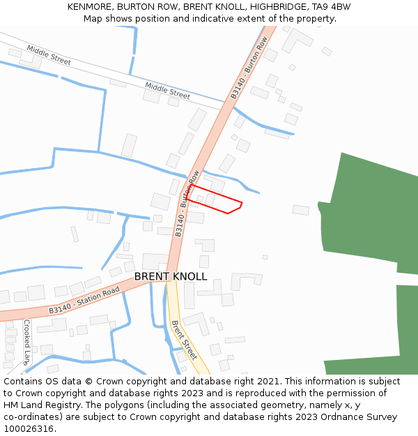 KENMORE, BURTON ROW, BRENT KNOLL, HIGHBRIDGE, TA9 4BW: Location map and indicative extent of plot