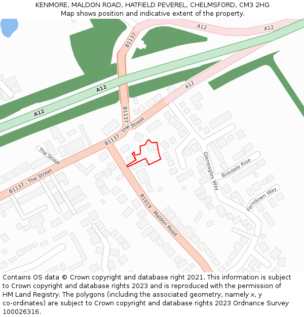 KENMORE, MALDON ROAD, HATFIELD PEVEREL, CHELMSFORD, CM3 2HG: Location map and indicative extent of plot