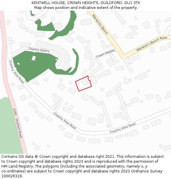 KENTWELL HOUSE, CROWN HEIGHTS, GUILDFORD, GU1 3TX: Location map and indicative extent of plot