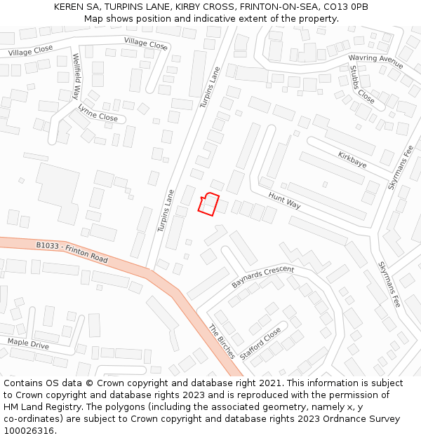 KEREN SA, TURPINS LANE, KIRBY CROSS, FRINTON-ON-SEA, CO13 0PB: Location map and indicative extent of plot