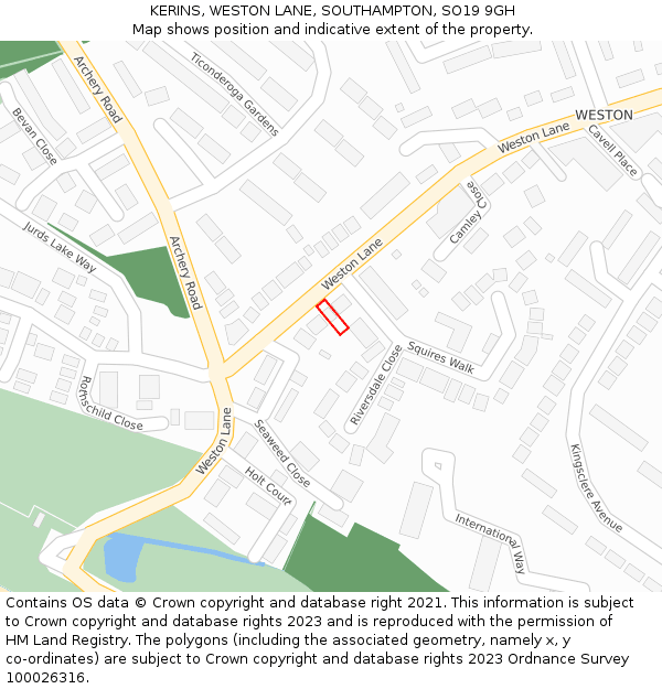 KERINS, WESTON LANE, SOUTHAMPTON, SO19 9GH: Location map and indicative extent of plot