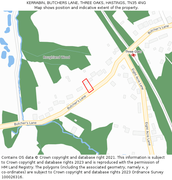 KERRABIN, BUTCHERS LANE, THREE OAKS, HASTINGS, TN35 4NG: Location map and indicative extent of plot