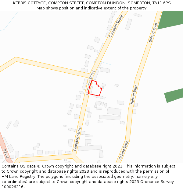 KERRIS COTTAGE, COMPTON STREET, COMPTON DUNDON, SOMERTON, TA11 6PS: Location map and indicative extent of plot