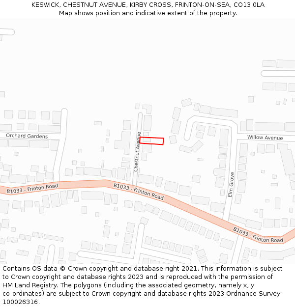 KESWICK, CHESTNUT AVENUE, KIRBY CROSS, FRINTON-ON-SEA, CO13 0LA: Location map and indicative extent of plot