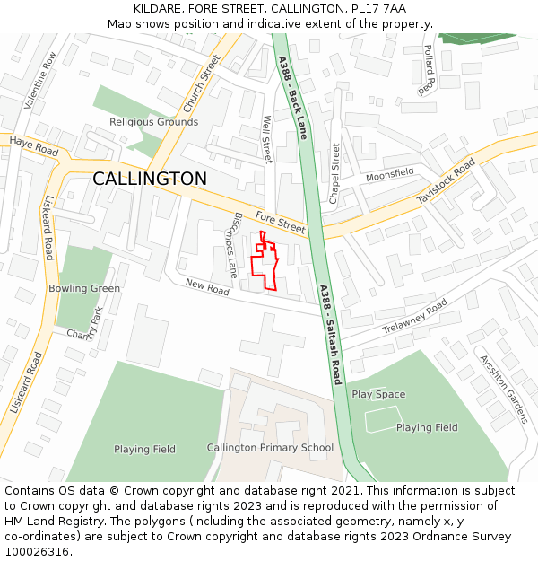 KILDARE, FORE STREET, CALLINGTON, PL17 7AA: Location map and indicative extent of plot