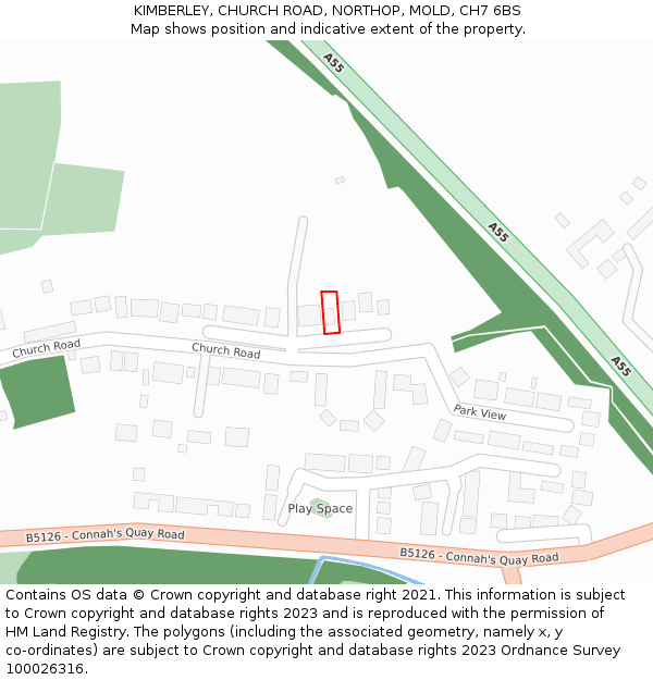 KIMBERLEY, CHURCH ROAD, NORTHOP, MOLD, CH7 6BS: Location map and indicative extent of plot