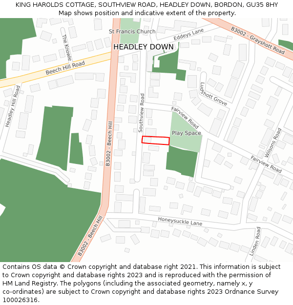 KING HAROLDS COTTAGE, SOUTHVIEW ROAD, HEADLEY DOWN, BORDON, GU35 8HY: Location map and indicative extent of plot