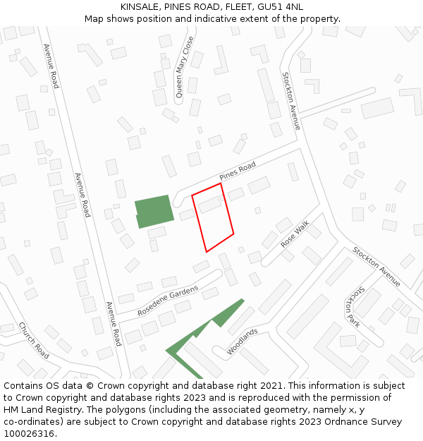 KINSALE, PINES ROAD, FLEET, GU51 4NL: Location map and indicative extent of plot