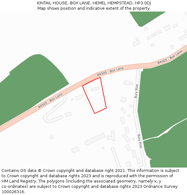 KINTAIL HOUSE, BOX LANE, HEMEL HEMPSTEAD, HP3 0DJ: Location map and indicative extent of plot