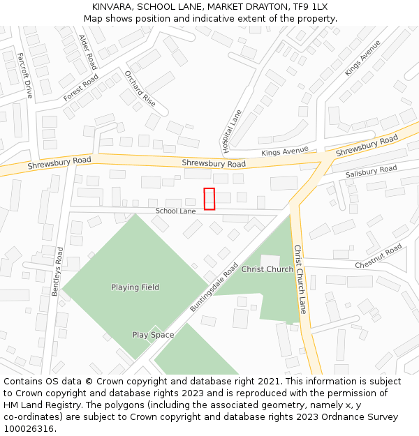 KINVARA, SCHOOL LANE, MARKET DRAYTON, TF9 1LX: Location map and indicative extent of plot