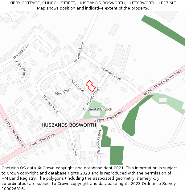 KIRBY COTTAGE, CHURCH STREET, HUSBANDS BOSWORTH, LUTTERWORTH, LE17 6LT: Location map and indicative extent of plot