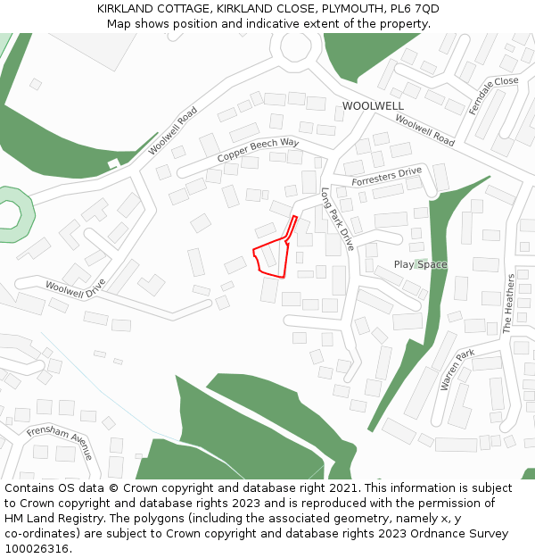 KIRKLAND COTTAGE, KIRKLAND CLOSE, PLYMOUTH, PL6 7QD: Location map and indicative extent of plot