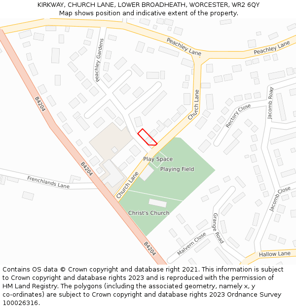 KIRKWAY, CHURCH LANE, LOWER BROADHEATH, WORCESTER, WR2 6QY: Location map and indicative extent of plot