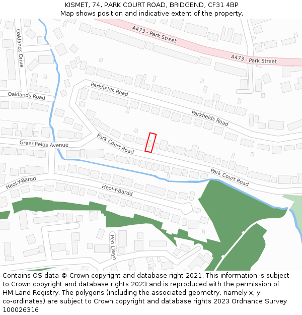 KISMET, 74, PARK COURT ROAD, BRIDGEND, CF31 4BP: Location map and indicative extent of plot