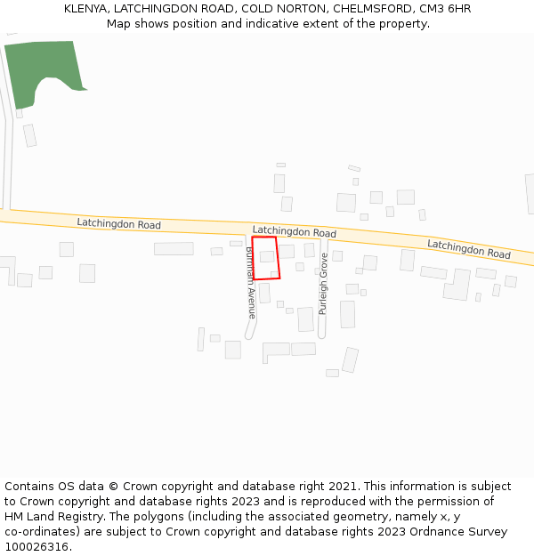 KLENYA, LATCHINGDON ROAD, COLD NORTON, CHELMSFORD, CM3 6HR: Location map and indicative extent of plot