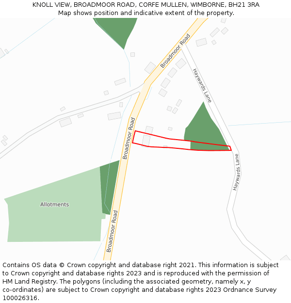 KNOLL VIEW, BROADMOOR ROAD, CORFE MULLEN, WIMBORNE, BH21 3RA: Location map and indicative extent of plot