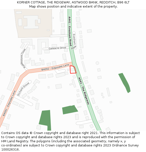KORNER COTTAGE, THE RIDGEWAY, ASTWOOD BANK, REDDITCH, B96 6LT: Location map and indicative extent of plot