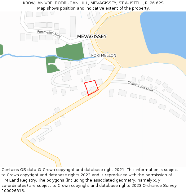 KROWJI AN VRE, BODRUGAN HILL, MEVAGISSEY, ST AUSTELL, PL26 6PS: Location map and indicative extent of plot