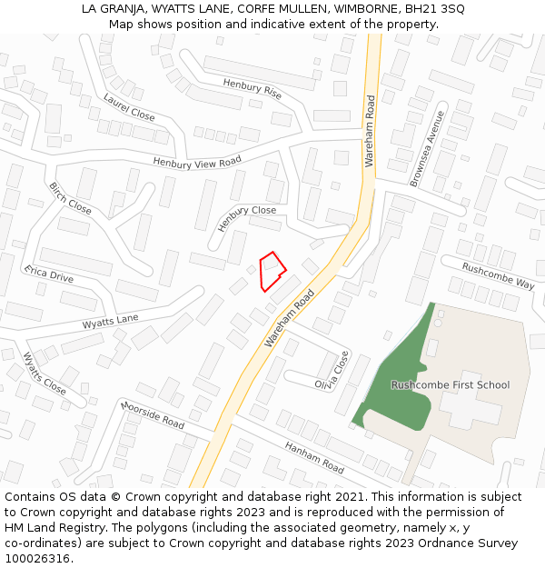 LA GRANJA, WYATTS LANE, CORFE MULLEN, WIMBORNE, BH21 3SQ: Location map and indicative extent of plot