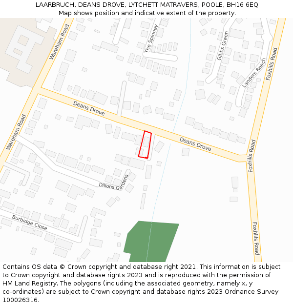 LAARBRUCH, DEANS DROVE, LYTCHETT MATRAVERS, POOLE, BH16 6EQ: Location map and indicative extent of plot