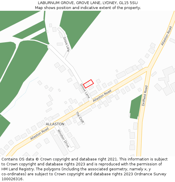 LABURNUM GROVE, GROVE LANE, LYDNEY, GL15 5SU: Location map and indicative extent of plot
