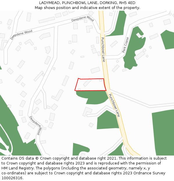 LADYMEAD, PUNCHBOWL LANE, DORKING, RH5 4ED: Location map and indicative extent of plot