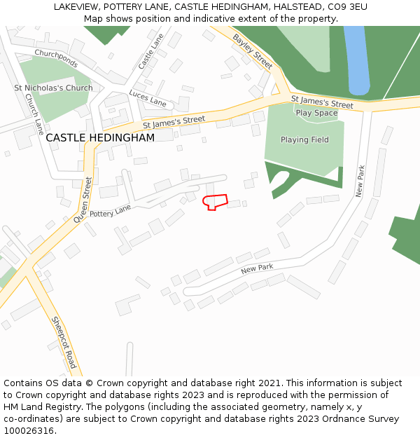 LAKEVIEW, POTTERY LANE, CASTLE HEDINGHAM, HALSTEAD, CO9 3EU: Location map and indicative extent of plot