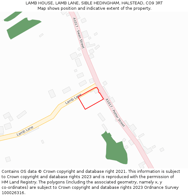 LAMB HOUSE, LAMB LANE, SIBLE HEDINGHAM, HALSTEAD, CO9 3RT: Location map and indicative extent of plot