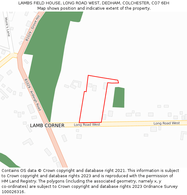 LAMBS FIELD HOUSE, LONG ROAD WEST, DEDHAM, COLCHESTER, CO7 6EH: Location map and indicative extent of plot