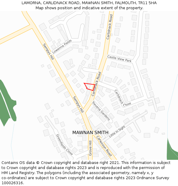 LAMORNA, CARLIDNACK ROAD, MAWNAN SMITH, FALMOUTH, TR11 5HA: Location map and indicative extent of plot