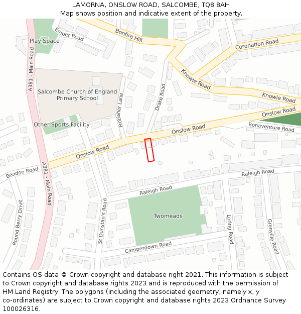 LAMORNA, ONSLOW ROAD, SALCOMBE, TQ8 8AH: Location map and indicative extent of plot
