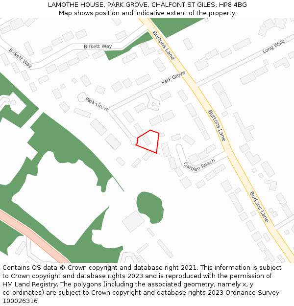 LAMOTHE HOUSE, PARK GROVE, CHALFONT ST GILES, HP8 4BG: Location map and indicative extent of plot