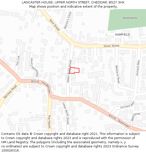 LANCASTER HOUSE, UPPER NORTH STREET, CHEDDAR, BS27 3HX: Location map and indicative extent of plot