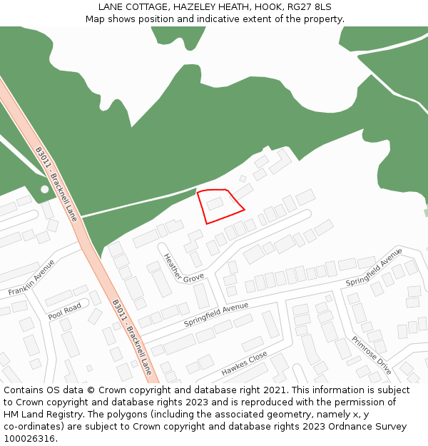 LANE COTTAGE, HAZELEY HEATH, HOOK, RG27 8LS: Location map and indicative extent of plot