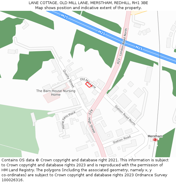 LANE COTTAGE, OLD MILL LANE, MERSTHAM, REDHILL, RH1 3BE: Location map and indicative extent of plot