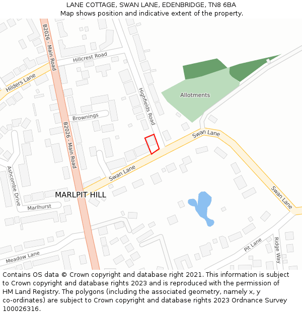 LANE COTTAGE, SWAN LANE, EDENBRIDGE, TN8 6BA: Location map and indicative extent of plot
