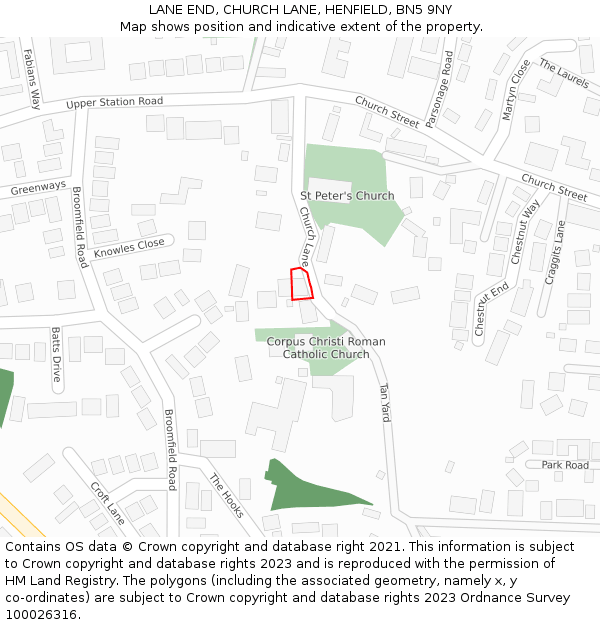 LANE END, CHURCH LANE, HENFIELD, BN5 9NY: Location map and indicative extent of plot