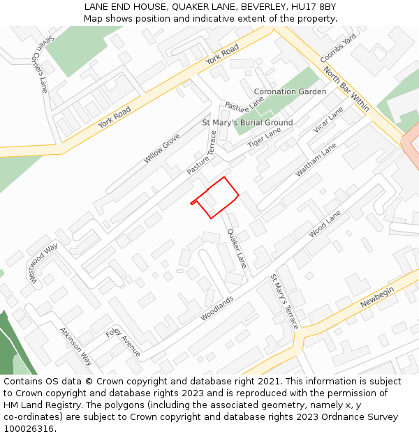 LANE END HOUSE, QUAKER LANE, BEVERLEY, HU17 8BY: Location map and indicative extent of plot