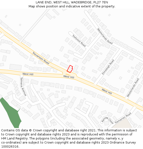 LANE END, WEST HILL, WADEBRIDGE, PL27 7EN: Location map and indicative extent of plot