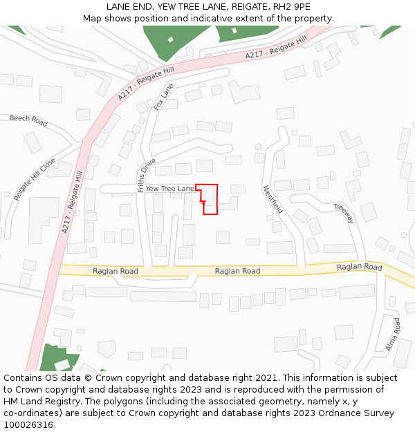 LANE END, YEW TREE LANE, REIGATE, RH2 9PE: Location map and indicative extent of plot