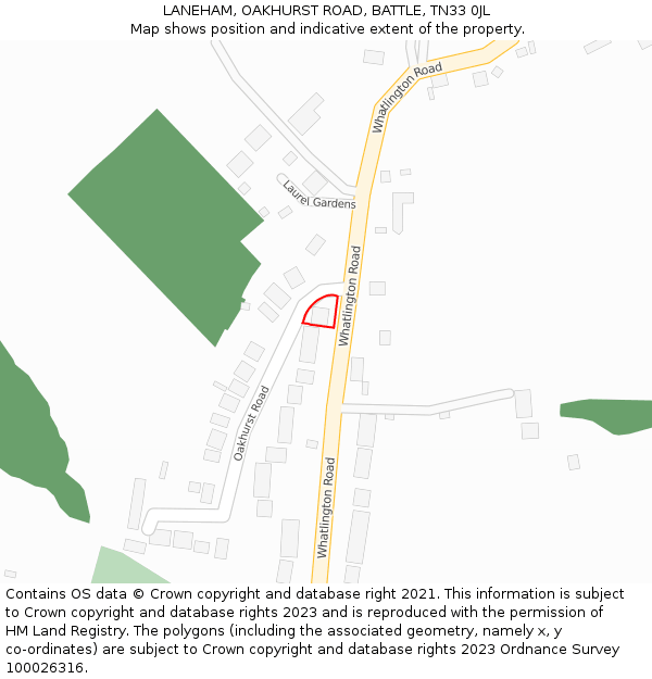LANEHAM, OAKHURST ROAD, BATTLE, TN33 0JL: Location map and indicative extent of plot